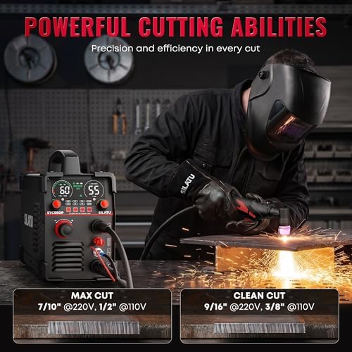 SILATU 55A Plasma Cutter, HF Non-Touch Pilot Arc Plasma Cutter Machine, 7/10″ Max Cut 9/16″ Clean Cut, Portable 110/220V Dual Voltage IGBT Inverter Digital Display, PT/2T/4T for Beginners DIY (Black)