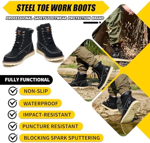 Steel Toe Boots for Men-6 Inch Moc Toe Safety Work Boots Non-Slip Resistant Indestructible Construction Western Boot Mens Steel Toes Shoes