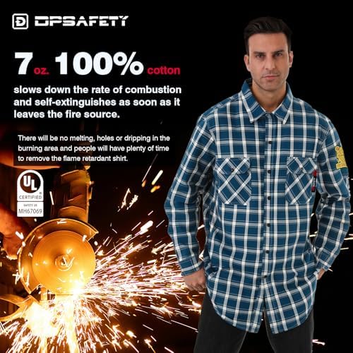 FR Shirts for Men 7oz Fire Resistant Shirts CAT2 Welding Shirt 100% Cotton Flame Resistant Shirt Blue/Plaid(Medium)