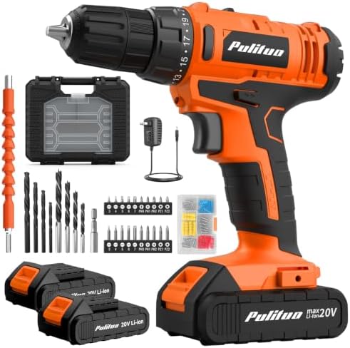 PULITUO 20V Cordless Drill Set, 2 Batteries Electric Screwdriver, 30Nm Power Drill Driver, 21+1 Torque, 2 Speed, 3/8"Keyless Chuck, power Drill with LED Light, Drill Driver Kit for Home (Orange)