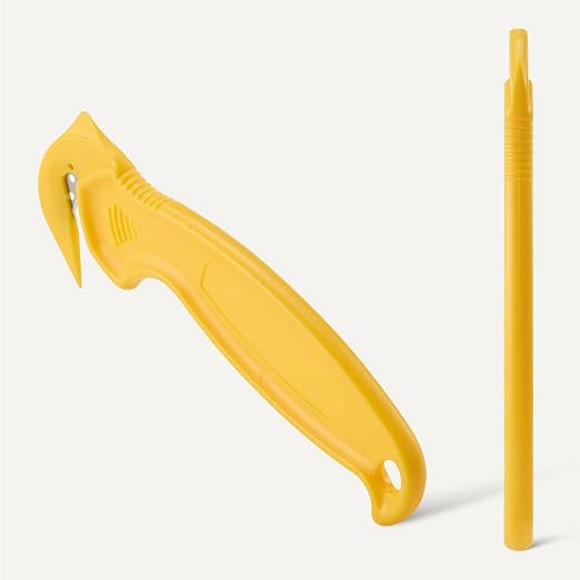 Amazon Basics Film Safety Cutter, Concealed Stainless Steel Blade with Tape Splitter for Boxes, Packages, Shrink Wrap, Compact Size, Yellow, 1-Pack