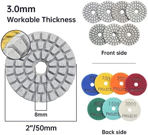 2 Inch Diamond Polishing Pads with 7Pcs Dry Wet Granite Stone Polish Pad Kit for Drill，50-3000 Grit Polishing Pad (7Pcs Dry/Wet Pads+1 Drill Adapter)