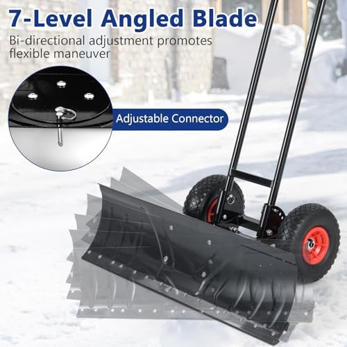 Moccha 36” Wide Snow Pusher - Heavy-Duty Efficient Snow Shovel with Wheels, 7-Position Angled Blade, Ergonomic Handle for Snow Removal, Back Saver Snow Plow Shovel for Driveway and Sidewalks