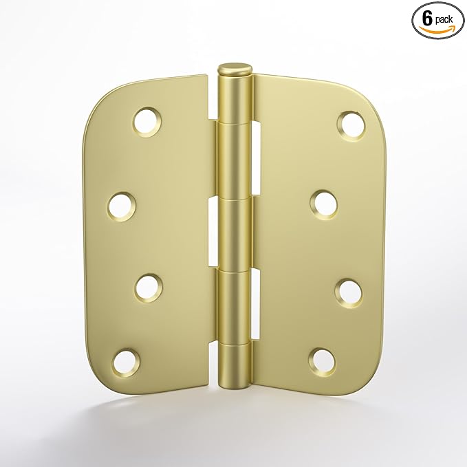 goldenwarm 6 Pack Door Hinge Satin Brass Residential Heavy Duty Iron Door Hinges, 4 Inch x 4 Inch Interior and Exterior Gold Door Hinges with 5/8" Radius Corners