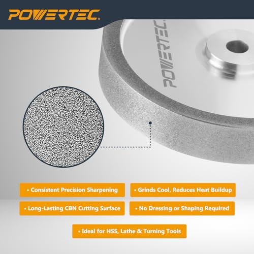 POWERTEC CBN Grinding Wheel 6 Inch 180 Grit, 1" Wide, 1/2" Arbor – Bench Grinder Sharpening Wheel for HSS Tools, Lathe Chisels, and Woodturning Tools (15704)