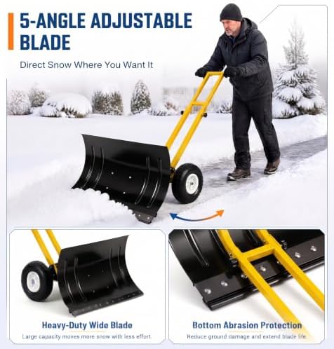 GarveeLife Wheeled Snow Shovel - 29in Steel Blade with 10in Wheels Yellow
