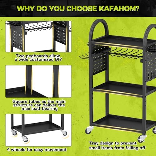 KAFAHOM Power Tool Organizer Cart with Charging Station,Garage Floor Rolling Storage on Wheels for Mechanic,Mobile 8 Drill Holder, Utility Cart with Battery Charging 8 Outlet Power Strip