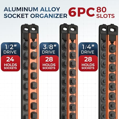 Reniteco Magnetic Socket Organizer Set, 6-Piece 1/4” 3/8” 1/2” Socket Rails | 80-Clip: 1/4" Rail-28 Clips, 3/8" Rail-24 Clips, 1/2" Rail-28 Clips, Heavy-Duty Aluminum Alloy Rails, Drawer or Wall Mount