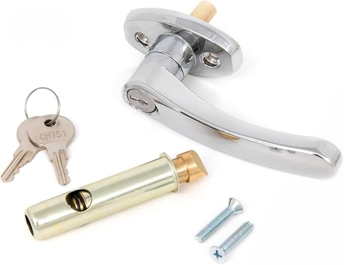 Oswald Supply L Handle and Latch Set, Chrome Locking ADA Approved with V- Spindle, Round Bolt/Plunger Latch, Midland Style with Keys and Hardware for Trash Chute and Linen Chute Doors