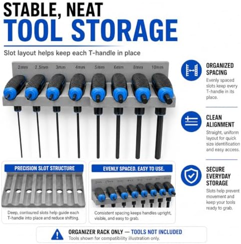 Magnetic T-Handle Hex Key Organizer Rack - Wrench Organizer for Garage, Tool Cart, or Workshop – Compatible with Toolboxes and Storage Systems - sae/metric/torx (Metric)