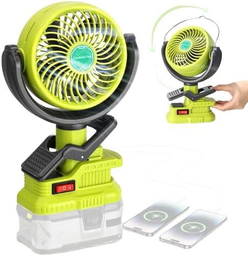 Portable Clip Fan for Ryobi 18V Battery(Battery Not Included), Battery Powered Fan with Dual USB Charging, Cordless Fan with Adjustable Head for Home, Outdoor,Camping and Job Site,Gifts for Men Dad