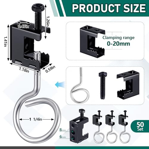 Tandefio 50 Set 1/4"-20 Spring Steel Beam Clamps Metal Beam Hangers Bolt on Clamp with Metal Machine Threaded Bridle Rings for Pipe Cable Woodworking Tool (Black,1 1/4 Inch Bridle Rings)