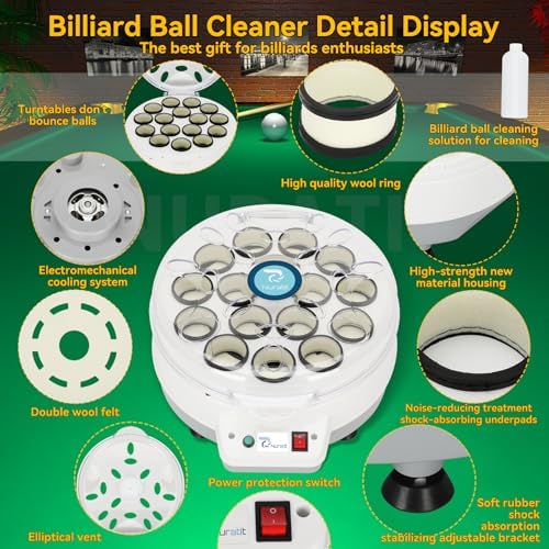 Billiard Ball Cleaning Machine, Pool Ball Polishing Cleaning Machine, Automatic 16 Ball Pool Ball Washer & Polisher with Powerful 180W Motor, for American Style Billiards 110V