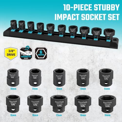 DURATECH 10-Piece 3/8" Drive Stubby Impact Socket Set for Narrow Spaces | 10mm-19mm, Metric, Cr-Mo Steel, Size Markings, for Tight Spaces, Organized in Magnetic Storage Rail, for Automotive Repairs
