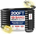 200ft Outdoor/Indoor Extension Cord 12/3 Gauge Extra Heavy Duty 3 Prong SJTW, Waterproof, Flexible Cold-Resistant Long Power Cord,8A 125V 1000W, Black by LifeSupplyUSA
