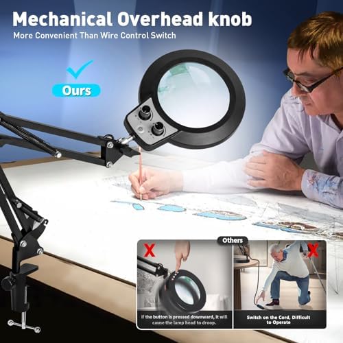 KIRKAS 12X Magnifying Glass with Light and Stand, Overhead Dual Knob