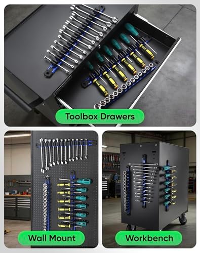 ALOANES 6PC Magnetic Tool Organizer Set - 36 Slot Screwdriver Holder & 42 Clip 3/8" Socket Rail, Heavy Duty Aluminum for Toolbox & Pegboard (Blue)