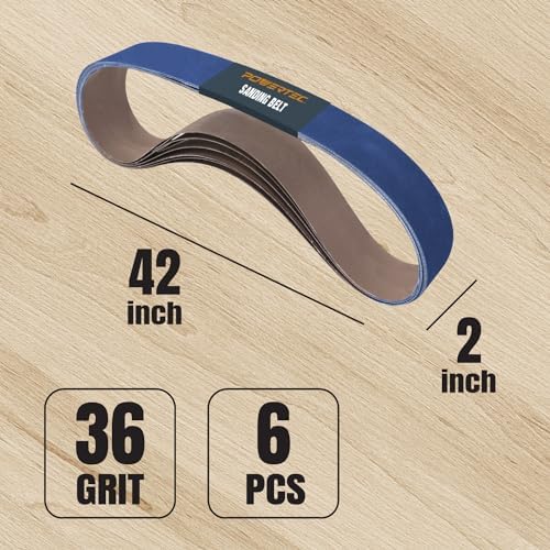 POWERTEC 2x42 Zirconia Sanding Belts, 6PK, 36 Grit 2 x 42 Sanding Belts for 2x42 Belt Sander, Grinder, Belt and Disc Sander, Knife Making, Woodworking, Metal Working (4242036Z-6)