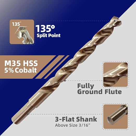 HIGHFIRE 29 PCS M35 Cobalt Drill Bit Set, HSS Twist Jobber Drill Bits with 135 Degrees Split Point and Three-Flat Shank, 3/8” Reduced Shank, Gold Oxide Metal Drill Bits Set (1/16” - 1/2” x 1/64”)