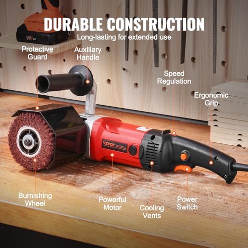 VEVOR Burnishing Polishing Machine, 1200W 6 Variable Speed Surface Conditioning Tool, Handheld Electric Metal Burnishing Machine with 4 Fiber Polishing Wheels for Stainless Steel, Non-Ferrous Metals