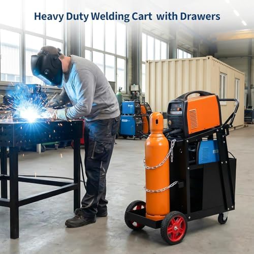 Welder Cart with Drawers, Heavy Duty Welding Cart with Safety Chains and Cylinder Slots for Mig/Tig Welder and Plasma Cutter,220 LB Weight Capacity