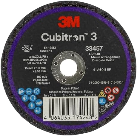 3M Cubitron 3 Cut-Off Wheel 33457, 3 in x 0.0625 in x 3/8 in, Long Lasting Performance, High Cut Rate, for Automotive Cutting and Splicing, Collision Repair, 5 Wheels