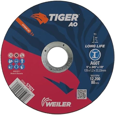 Weiler 57021 5 Inch Cutting Wheel, Tiger AO Steel/Metal Long Life Performance Cutting, .045" A60T Type 1 7/8" Arbor, Pack of 25