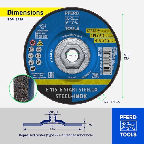 PFERD START STEELOX Type 27 Grinding Wheel, 4-1/2" x 1/4" x 5/8"-11, Aluminum Oxide – for Angle Grinders – Use on Steel & Stainless Steel (Pack of 10) - Part 63891