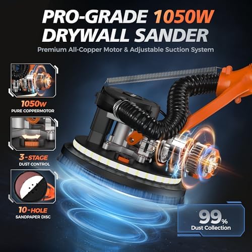 1050W Drywall Sander, 5-Speed 1000-2100RPM, Foldable & Extendable Handle