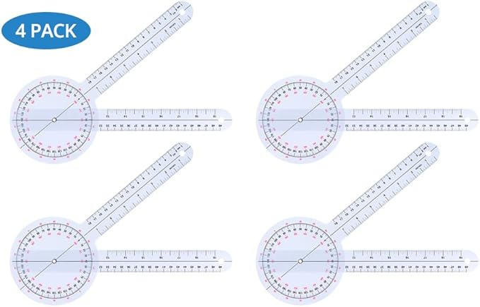 QWORK 12 Inch 360 Degree Goniometer Clear Plastic Protractor, 4 Pack Precise Measurement Ruler with Inch and Centimeter