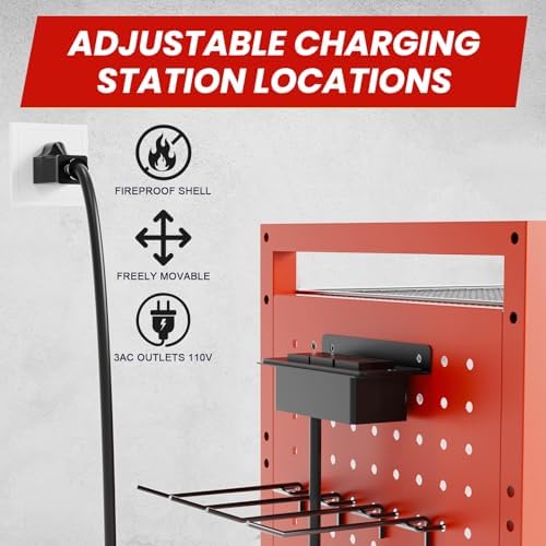 Heavy-Duty Power Tools Organizer Cart with Charging Power Strip, 6-Tier Rolling Utility Cart with 8 Hooks and 6 Load-Bearing Wheels, Garage Tool Storage Rack for Workshop for Men