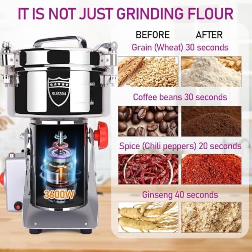 2000g Grain Mill, 304 Stainless Steel Spice Grinder, 3600W High-speed Commercial Flour Mill, Superfine Flour Mill Grinder for Home, Grain Mill for Flour