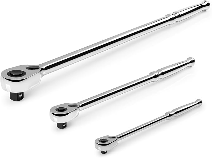 TEKTON 1/4, 3/8, 1/2 Inch Drive Ratchet Set, 3-Piece | SRH99123 | 9, 12, 18 in., Quick-Release, Polished Handle