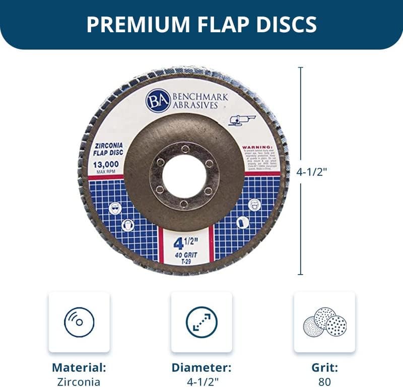Benchmark Abrasives 4.5" x 7/8" Premium Zirconia T29 Angled Flap Discs 4 1/2 for Angle Grinder, Sanding Discs, Finishing, Rust, Stock Removal- Grinding Wheels 4 1/2 Inch (100 Pack) - 80 Grit
