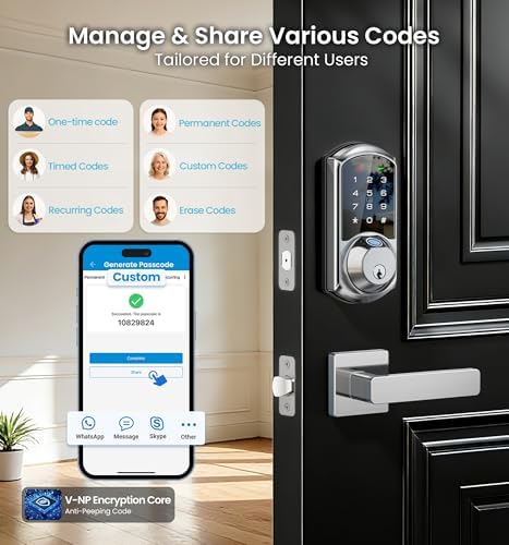 Veise VE07-L Fingerprint Smart Lock with 2 Lever Handles Set, Satin Nickel | 8-in-1 Keyless Entry for Front Door, App & Fob Control, Remote Access Sharing, Electronic Touchscreen Deadbolt, Auto Lock
