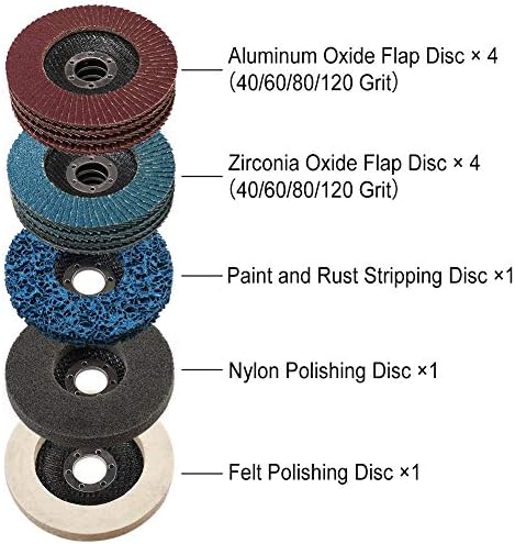 LotFancy Flap Disc 4 1/2 inches, 11 Grinding Polishing Discs Set for Angle Grinder, 40 60 80 120 Grit Assorted Pack, Sanding Wheels, Strip Disc, Nylon & Felt Polishing Disc Kit