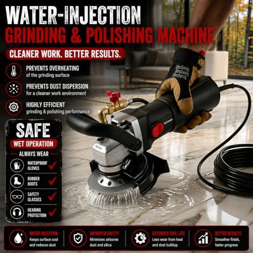 1100W Wet Concrete Grinder & Stone Polisher Kit, 6 Variable Speed Handheld Wet Grinding Machine with Top Water Feed & GFCI, 4” Diamond Wheel and 7 Polishing Pads for Concrete, Granite, Marble & Brick