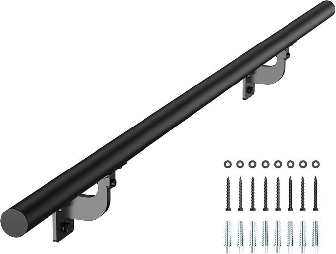 VEVOR Wall Mounted Stair Handrail, 4ft Pipe Staircase Handrail, Black Galvanized Aluminum, 1.26 inch Pipe Diameter, Indoor&Outdoor Staircase Railing,Industrial Hand Rail for Steps,Security Baluster