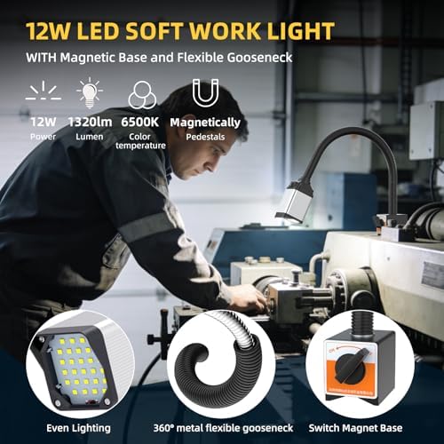 28LEDs Magnetic Light, 1320 Lumen 120v Flexible Gooseneck Work Light with Adjustable Magnetic Base for CNC MlilingDrill Press Sewing Machine Industrial Lighting, 12w