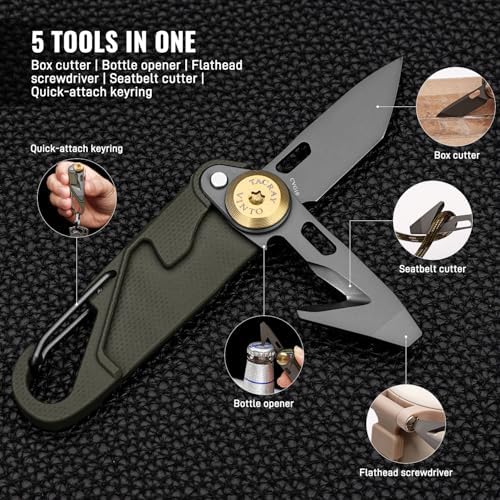 TACRAY Vinto 5-in-1 Keychain Multitool Mini Pocket Knife, 1.5" Blade, Green