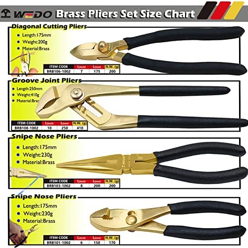 WEDO 4-Piece Brass Pliers Set,8" Snipe Nose Pliers,6" Slip Joint Pliers,7" Diagonal Cutting Pliers,10" Groove Joint Pliers, Non-Slip Handle