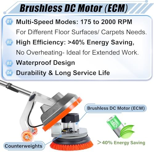 HHQ Commercial Floor Scrubber Machine with Brushes and Pads, Heavy Duty Floor Cleaner Polisher and Buffer- Deep Cleaning Tile and Grout, Hardwood Floors and Carpets without Getting on Hands and Knees