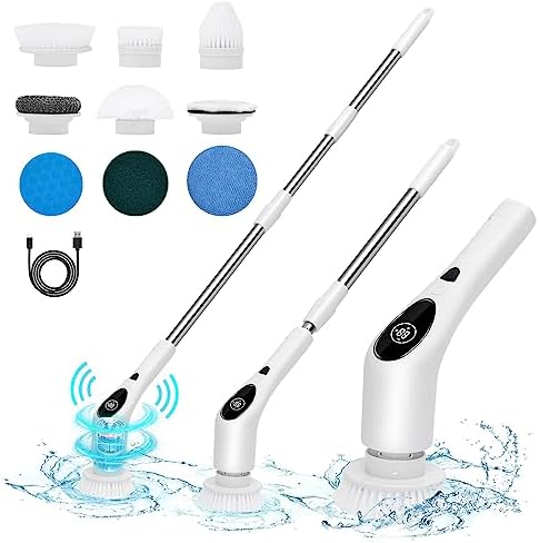 Electric Spin Scrubber Shower Scrubber with Long Handle for Cleaning Bathroom 9 Replaceable Brush Heads 3 Speed Modes Retractable Power Brush for Bathtub Tile Floor
