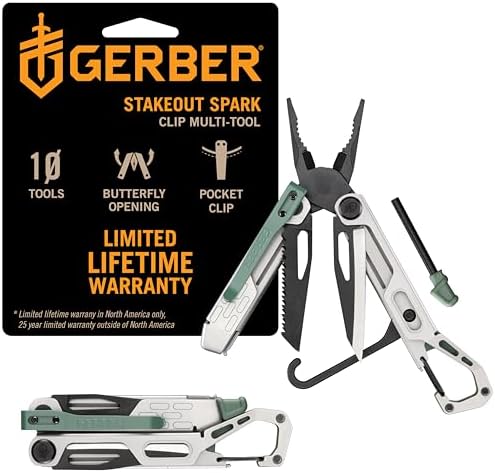 Gerber Gear Stakeout Spark - Multi-Tool Folding Knife for Backpacking, Survival, Camping, Outdoor - Pocket Tool w/Bottle Opener, Tent Stake Puller, Scissors, Tweezers - Baltic Haze