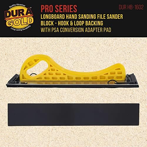 Dura-Gold Pro Series Longboard Hand Sanding File Sander Block - Hook & Loop Backing and PSA Adapter Pad & 400 Grit PSA Longboard Sandpaper 12 Yard Roll, 2-3/4" Wide