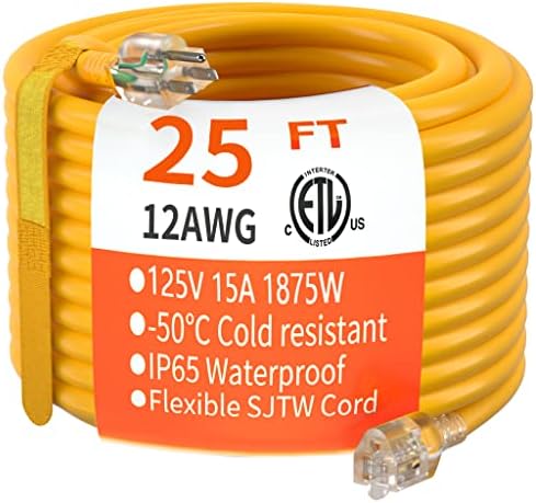 HUANCHAIN 25 FT 12/3 Gauge Extension Cord Yellow, Outdoor Electric Cable