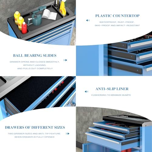 LARBANKE Rolling Tool Chest with Lock&Keys,360° Wheels and Drawer Liners,Tool Cabinet with 3 Drawers&2 Doors,Tool Cabinet Equipped with Connecting Rods for Stacking with 5&7-Drawer Chest