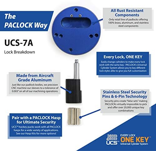 PACLOCK UCS-7A/779 Hasp and Puck Combo Kit, Blue Anodized Body, Weather Resistant, Key Lock, 6-Pin Cylinder, One Lock Keyed to a Number U-Pick! w/ 2 Keys
