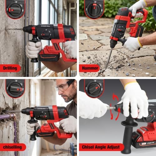 SDS Plus Cordless Rotary Hammer Drill for Milwaukee M18 Battery, Hammer Drill 18v Brushless for Concrete/Masonry/Wood/Metal, Rotomartillo, 4 Functions, 5 Drills with Gloves (Battery Not Included)
