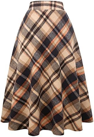IDEALSANXUN Womens Plaid Wool Skirts Elastic Waist A-Line Pleated Tartan Long Skirts